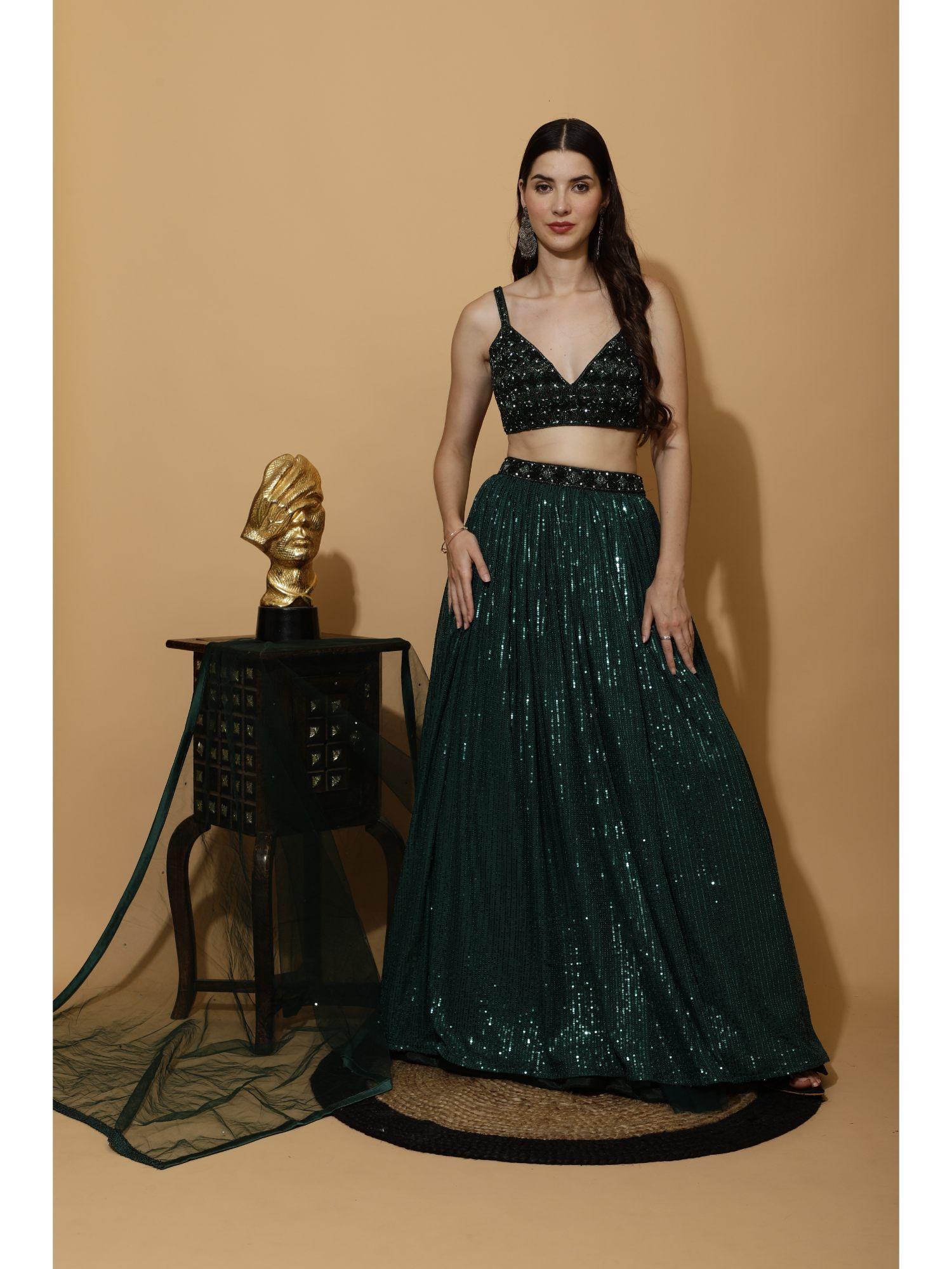 bottle green sequined crop top with skirt and dupatta (set of 3)