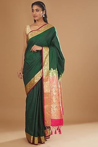 bottle green silk banarasi handloom saree