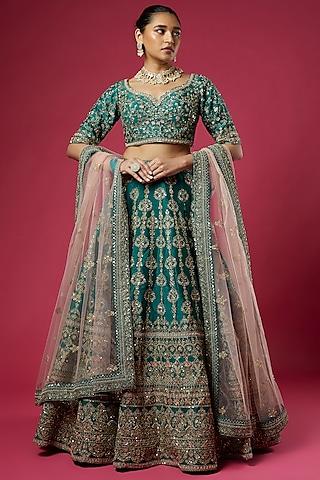 bottle green silk embellished lehenga set