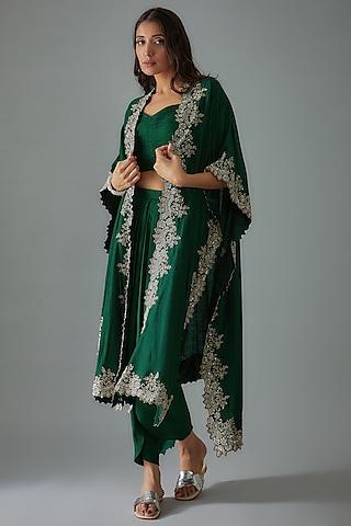 bottle green silk embroidered cape set