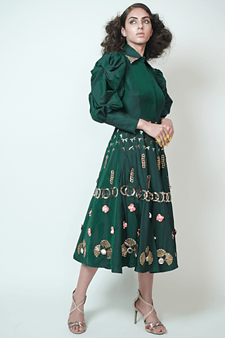 bottle green silk midi dress