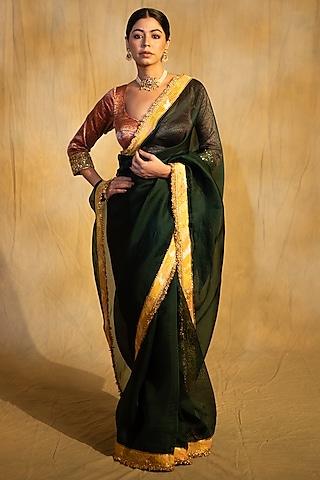 bottle green silk organza upcycled saree