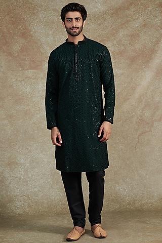 bottle green silk rayon embroidered kurta set