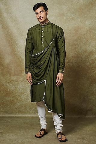 bottle green silk resham embroidered draped kurta set