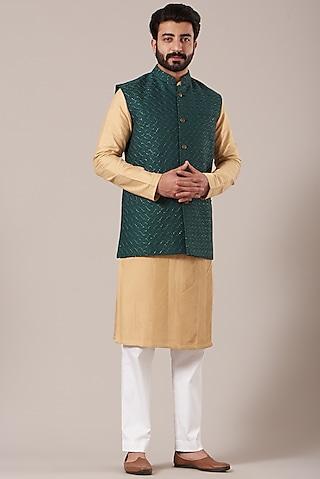 bottle green slub silk nehru jacket