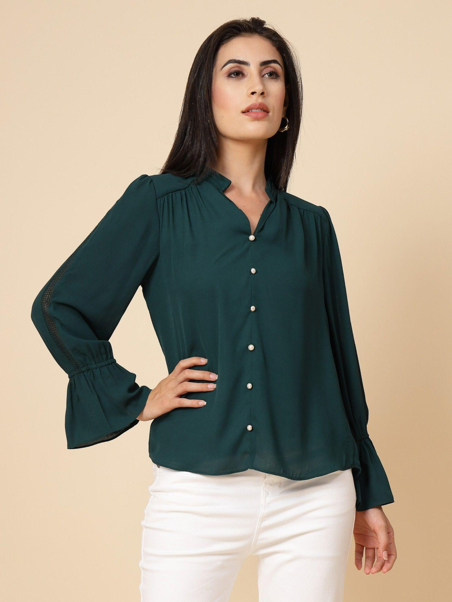 bottle green solid georgette tunic