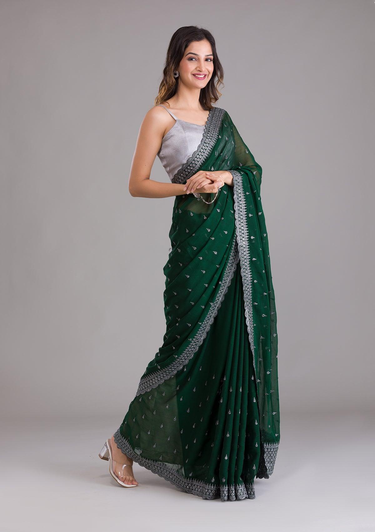 bottle green stonework georgette designer saree