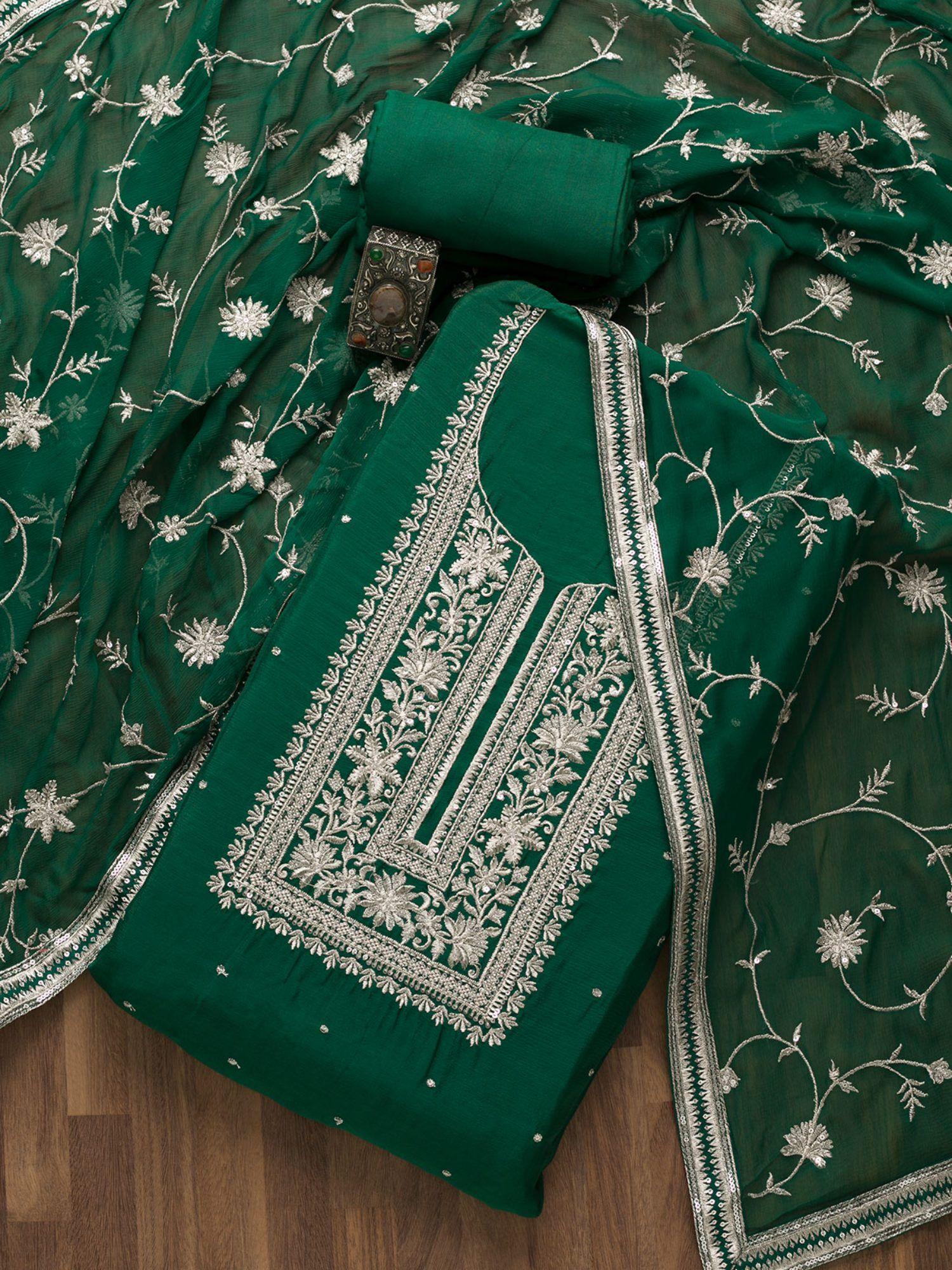 bottle green swarovski georgette unstitched salwar suit (set of three)