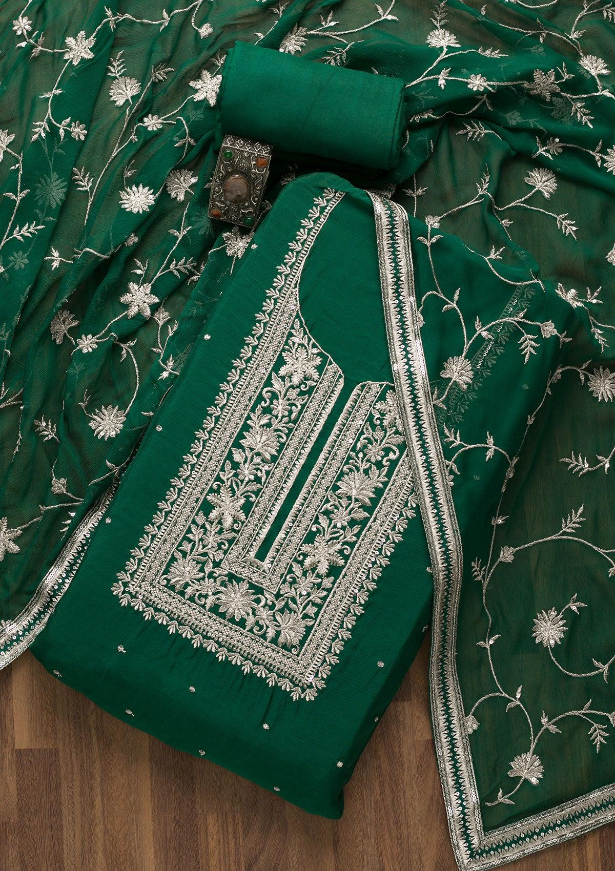 bottle green swarovski semi crepe unstitched salwar suit