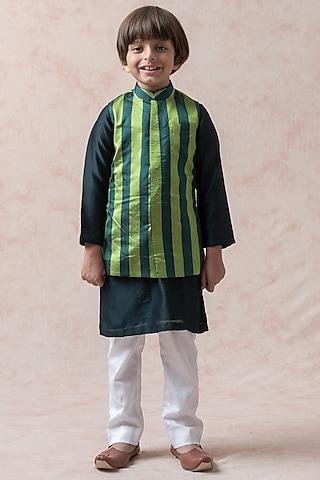 bottle green tanchoi silk nehru jacket set for boys