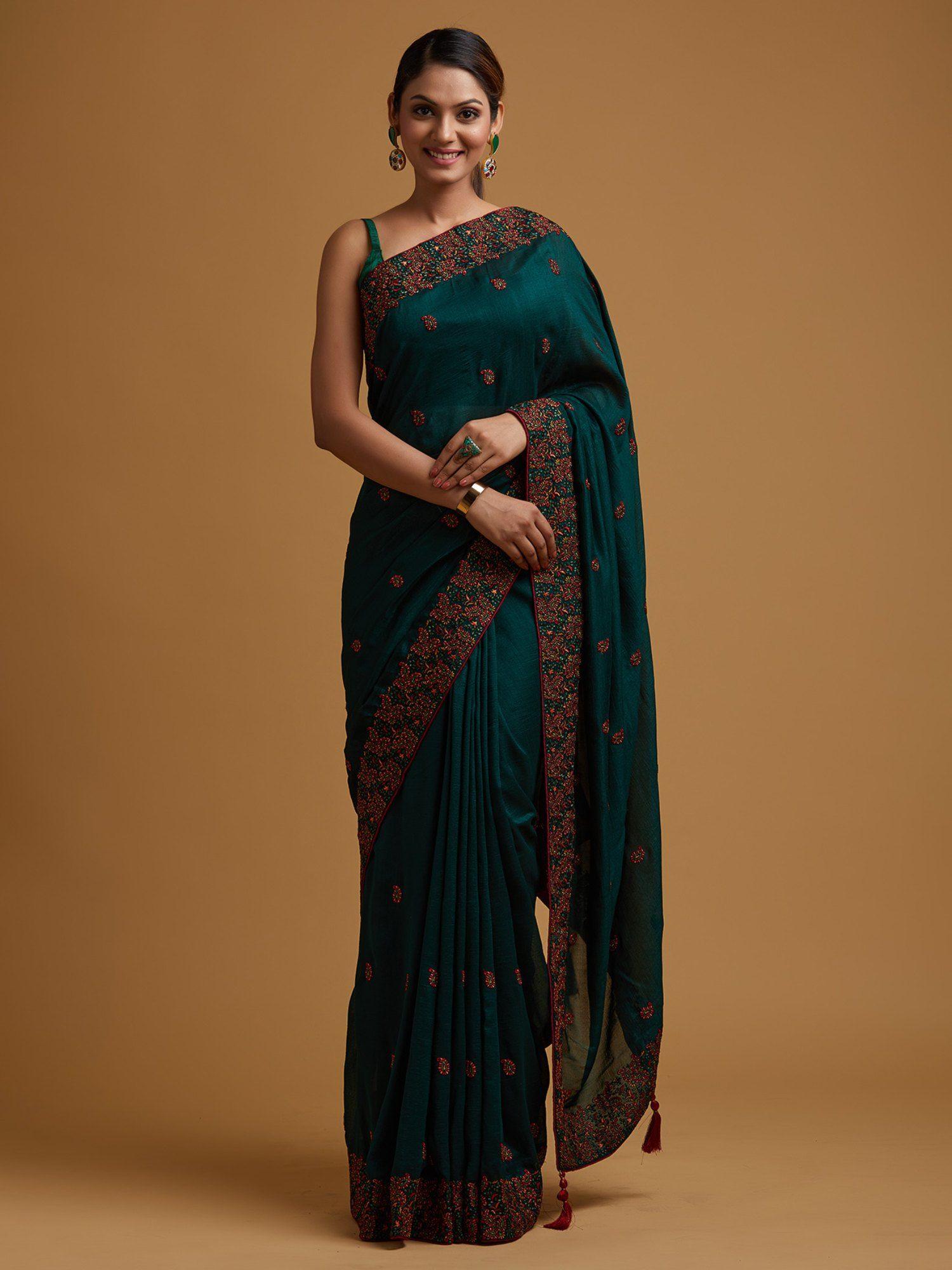 bottle green threadwork art silk designer saree with unstitched blouse