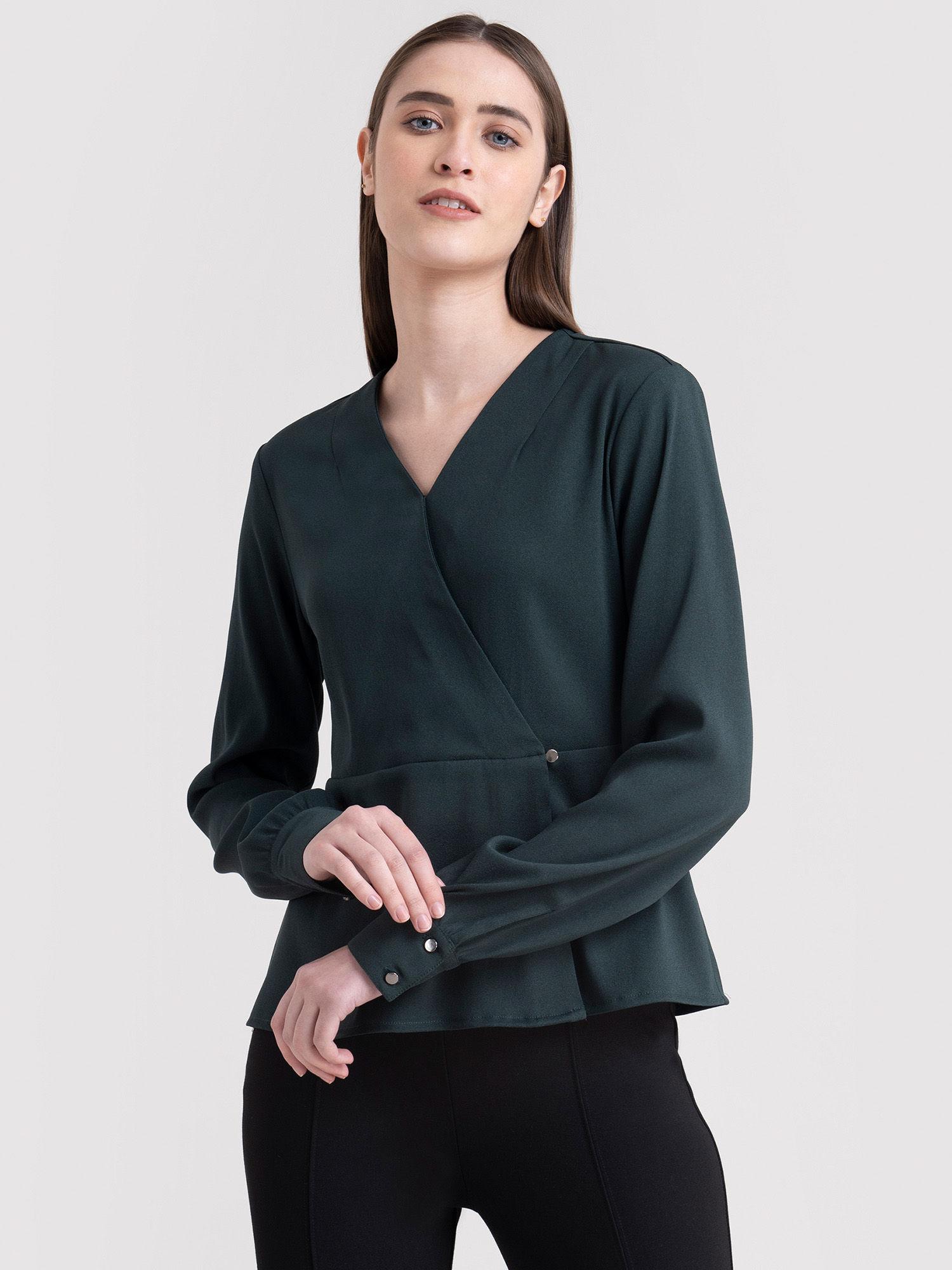 bottle green v neck wrap top