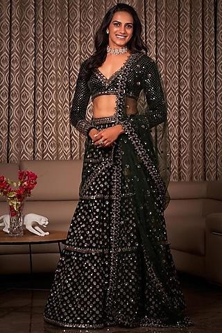 bottle green velvet hand embroidered lehenga set