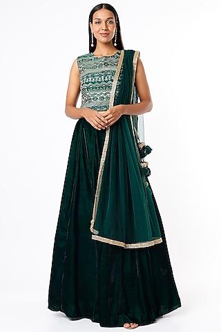 bottle green velvet lehenga set