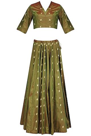 bottle green zari bootis lehenga set