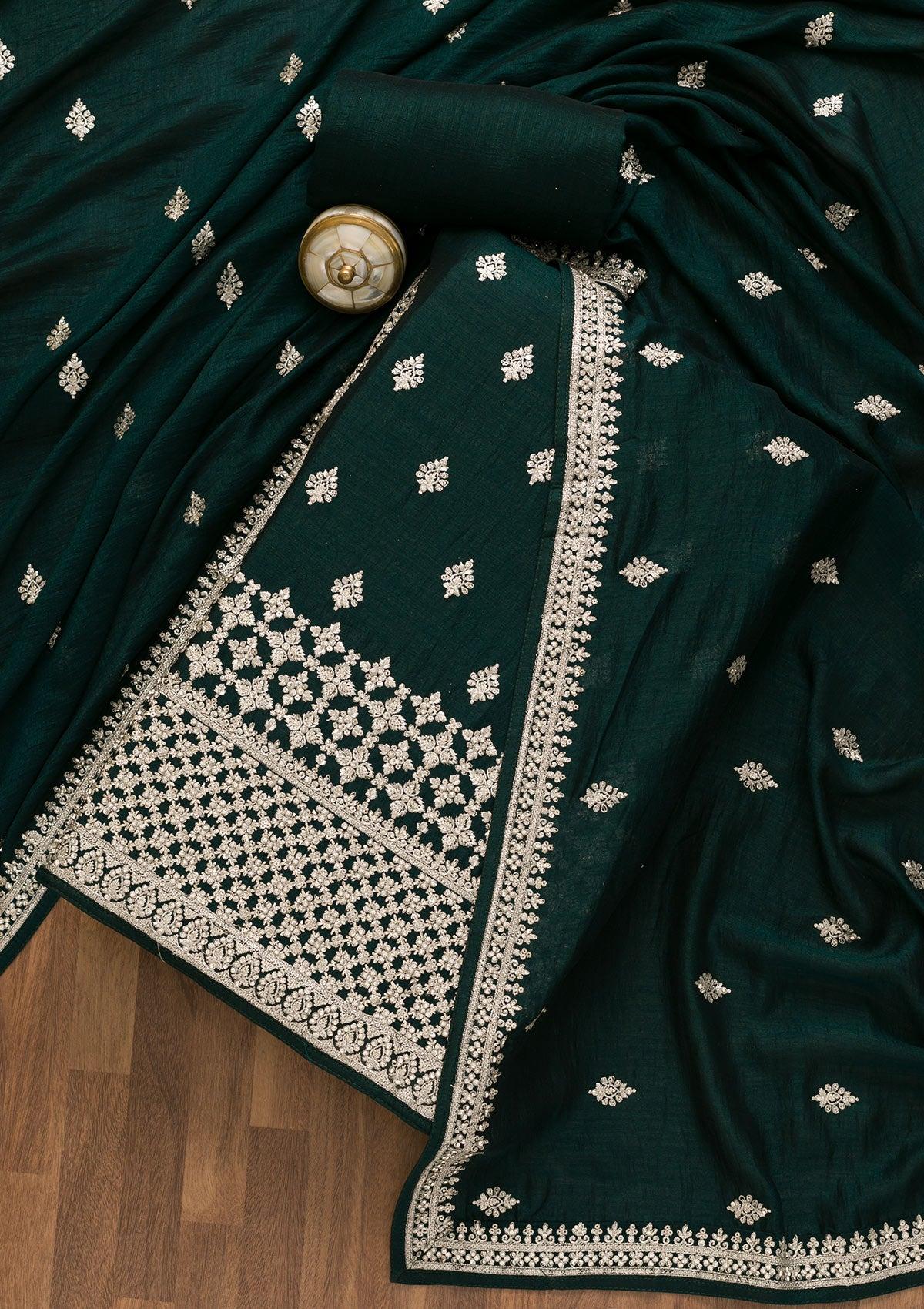 bottle green zariwork art silk unstitched salwar suit