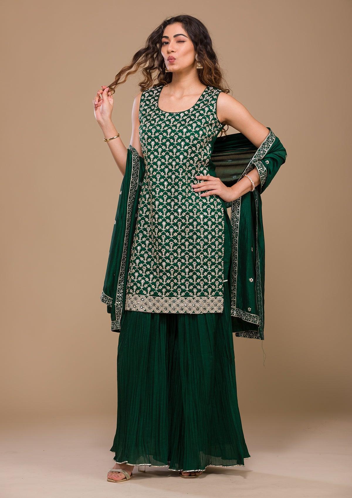 bottle green zariwork raw silk readymade sharara suit