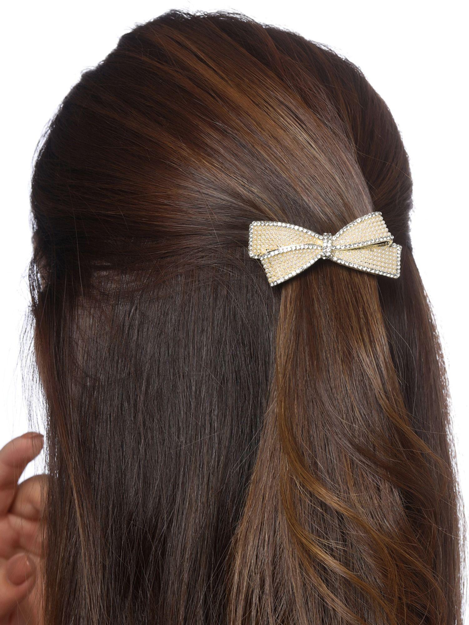 bow designed white crystal and pearl studded french baratte hair clip
