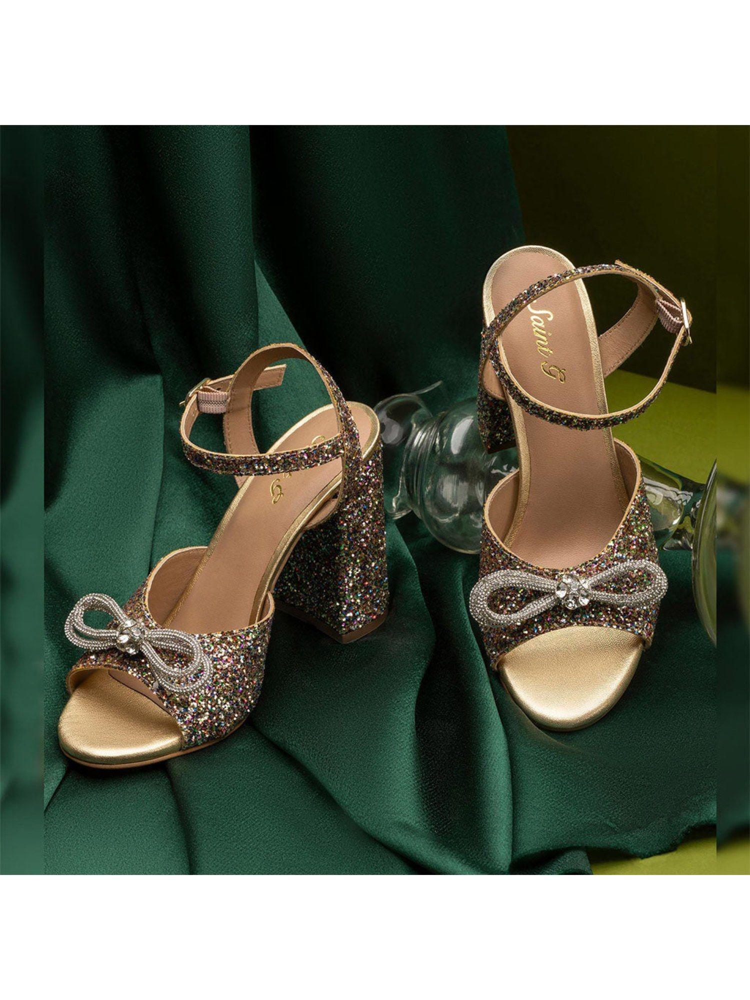 bow detail multi glitter leather block heels