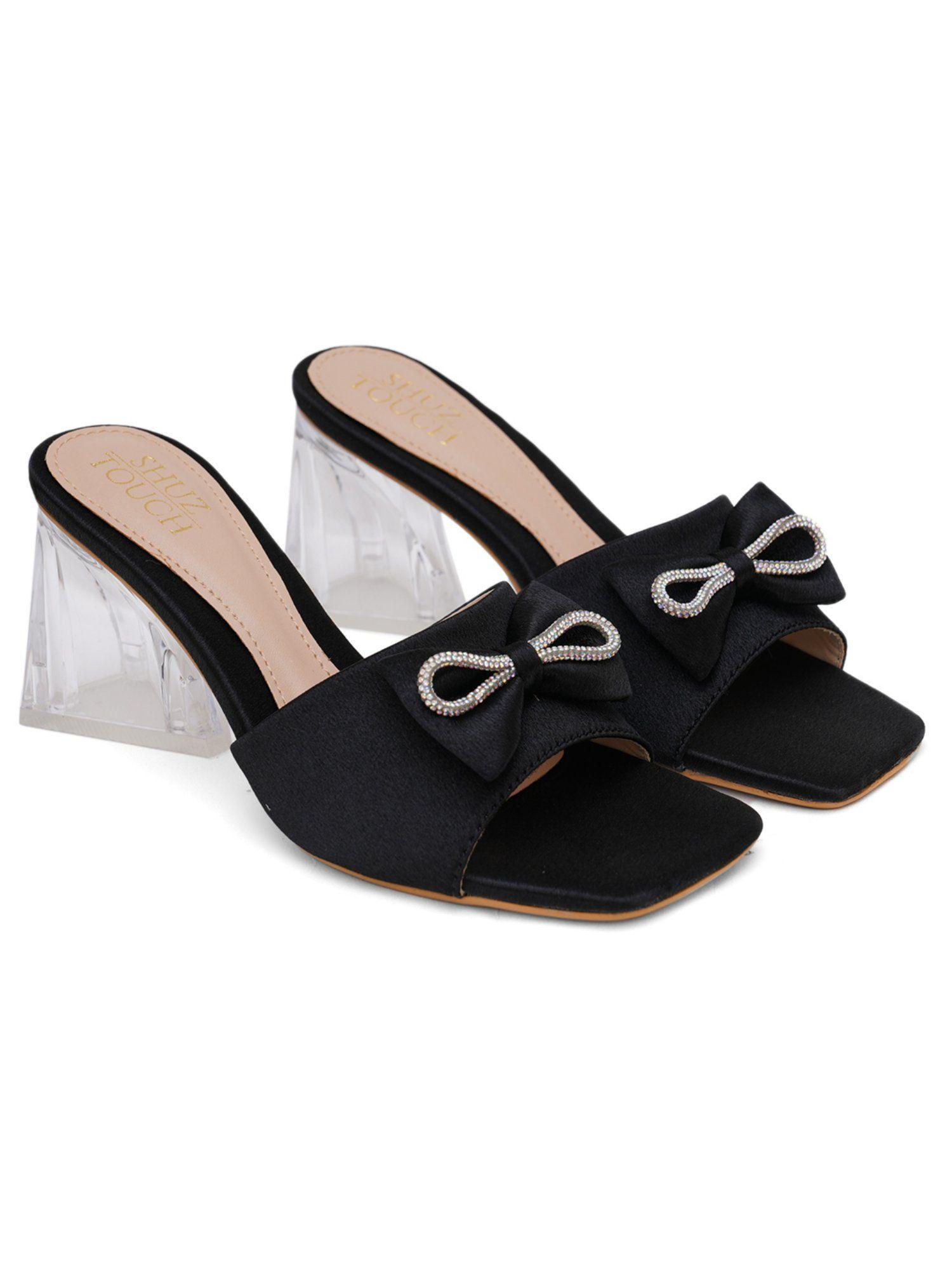 bow detail satin upper transparent slip on heels - black