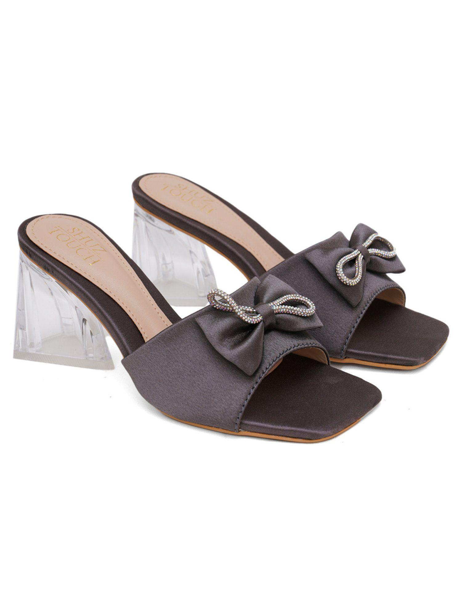 bow detail satin upper transparent slip on heels - grey