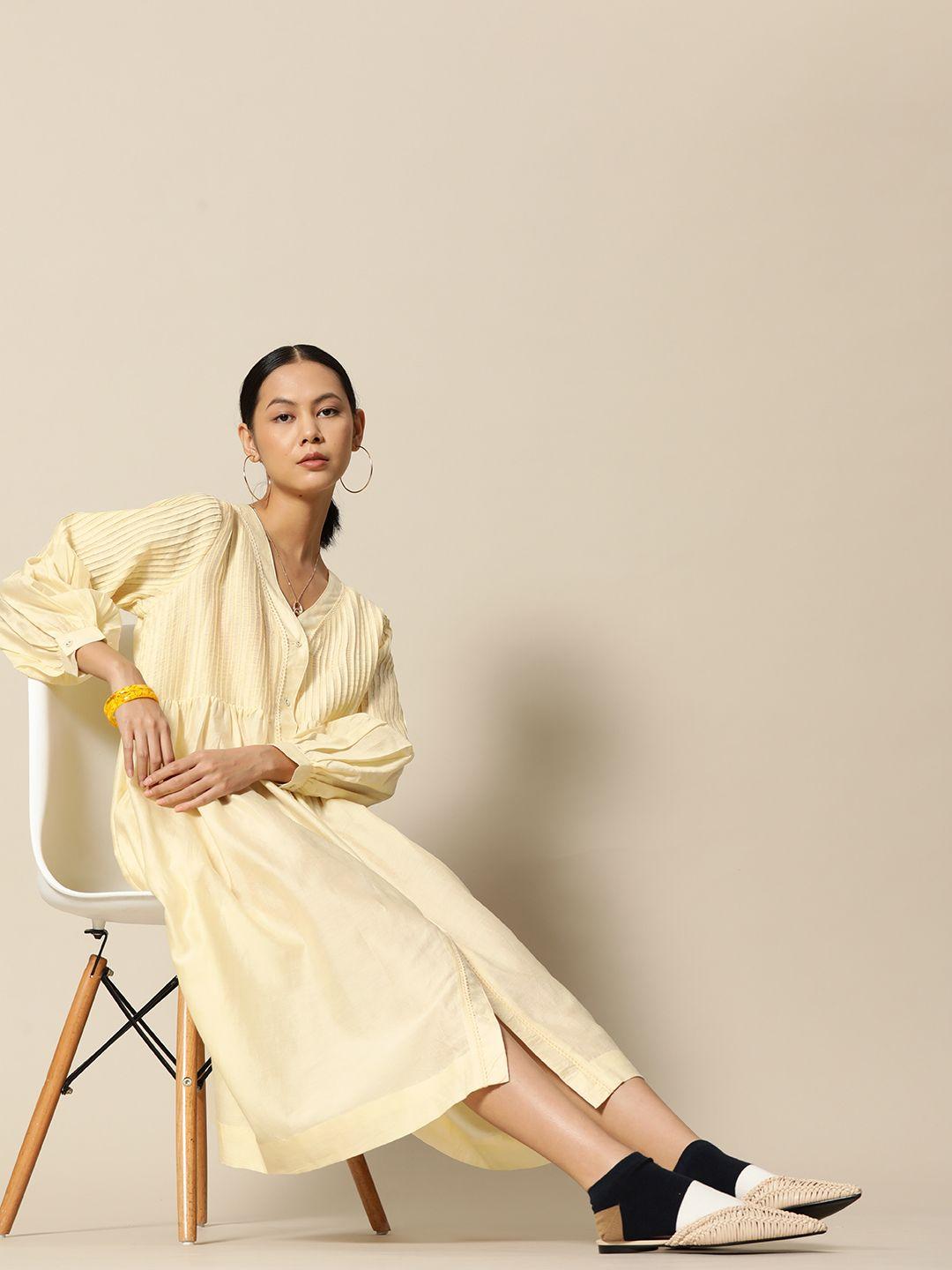 bower cream-coloured cotton silk solid a-line midi dress