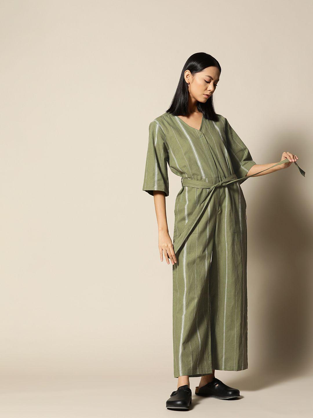 bower olive green & white linen cotton striped basic jumpsuit with belt
