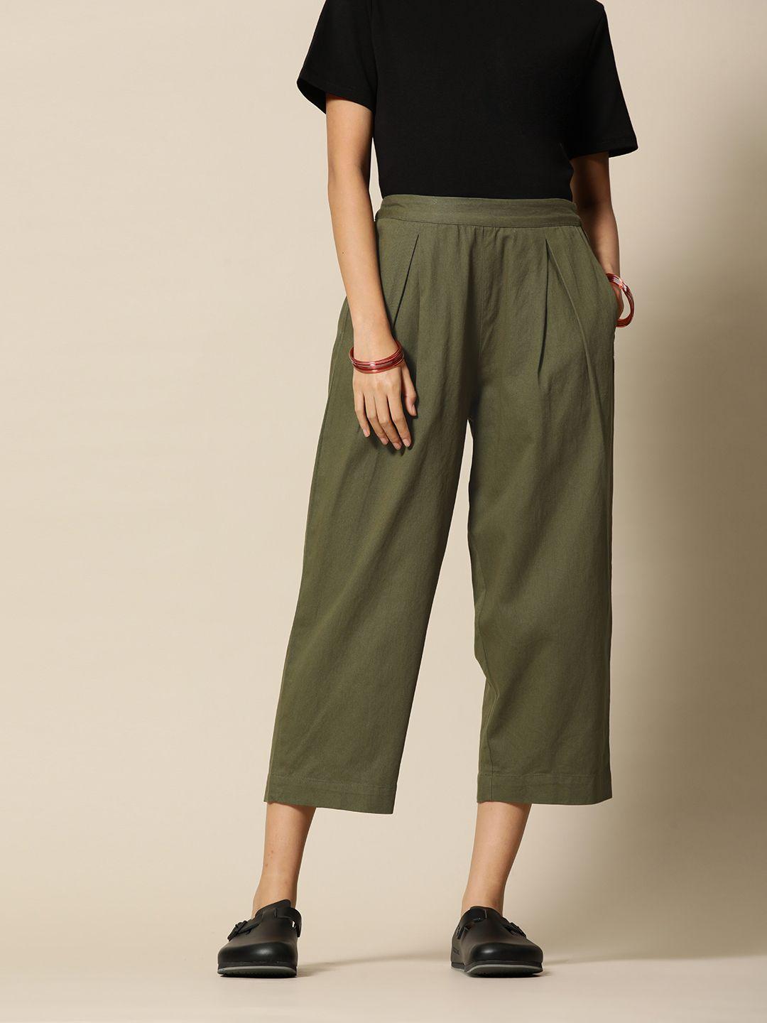bower women olive green solid premium cotton twill relaxed cropped trousers