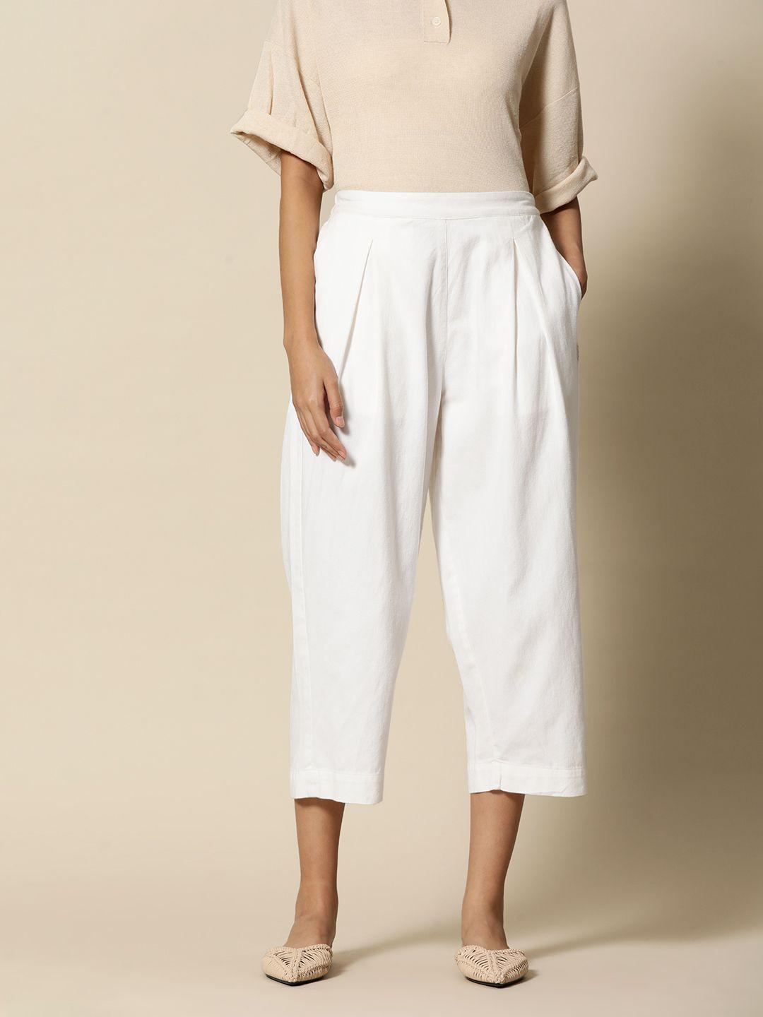 bower women white solid premium cotton twill relaxed cropped trousers