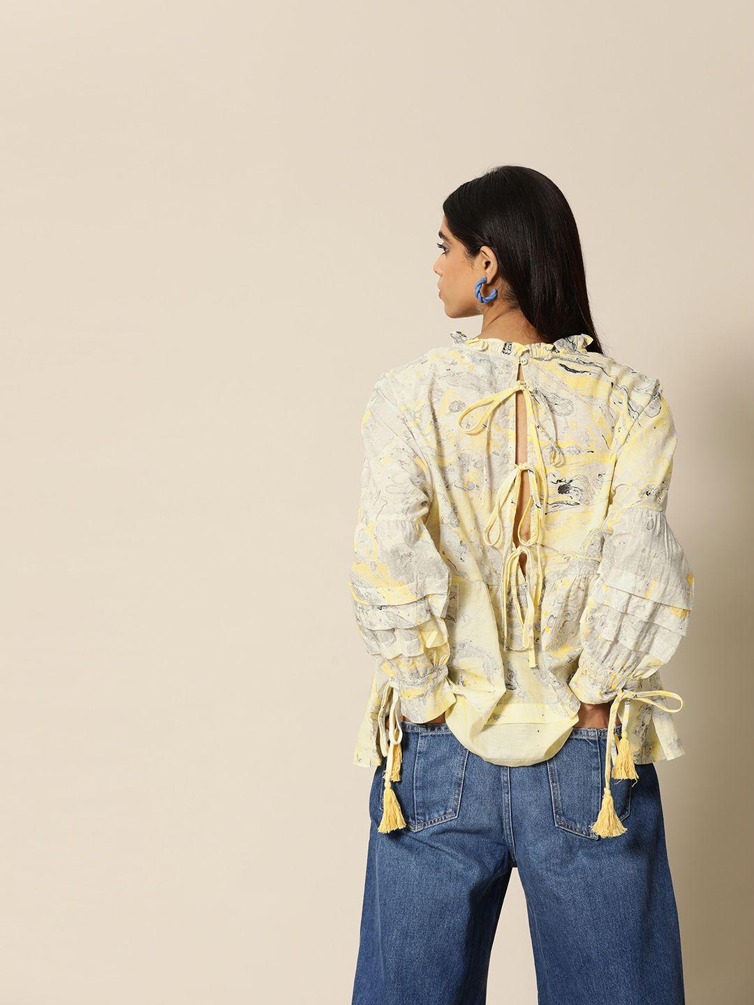 bower yellow marbling printed pure cotton extended sleeves longline top with tassels