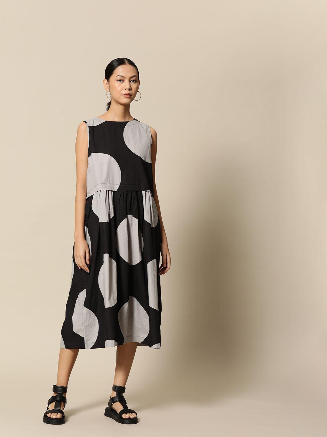 bower black & grey pure cotton printed a-line midi dress