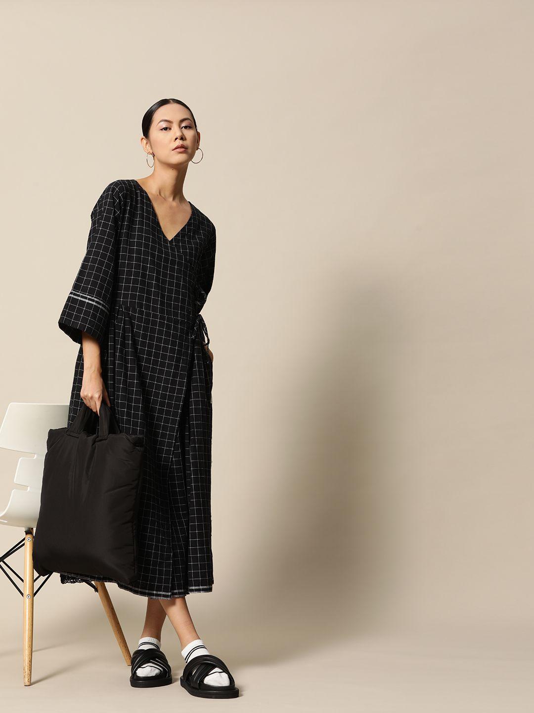 bower black & white pure cotton checked midi wrap dress