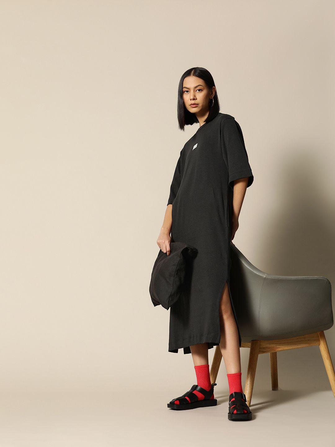 bower black pure cotton solid t-shirt midi dress