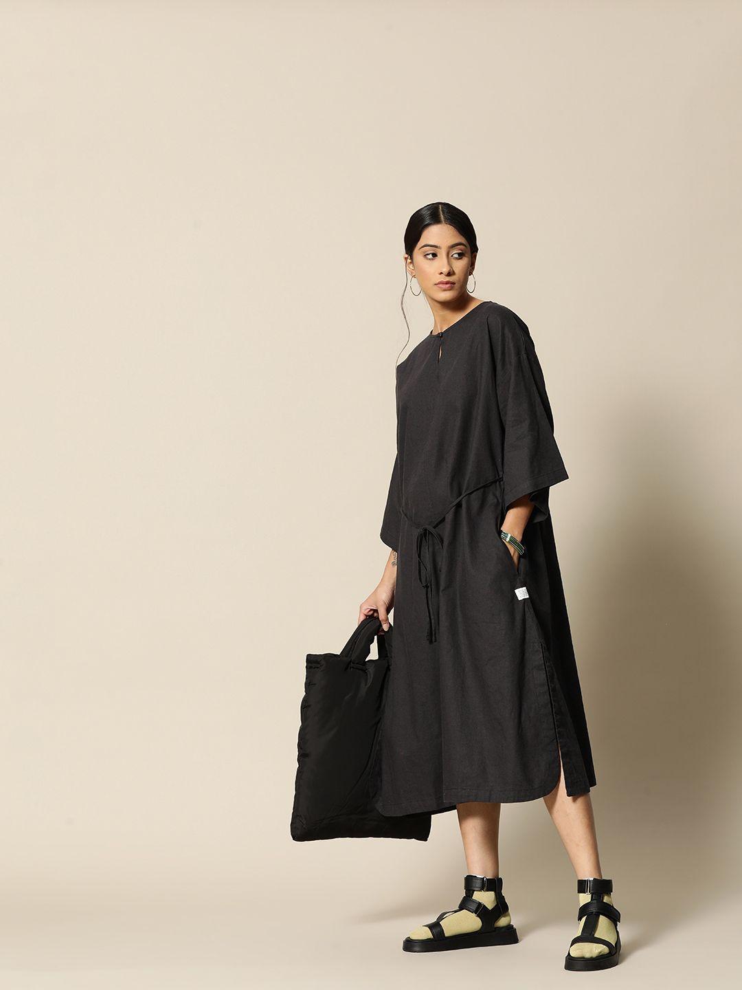 bower black solid linen adjustable a-line midi dress