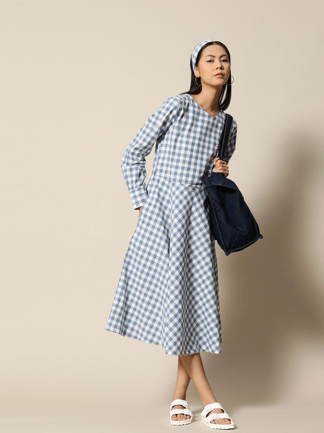 bower blue & white checked linen cotton midi a-line dress