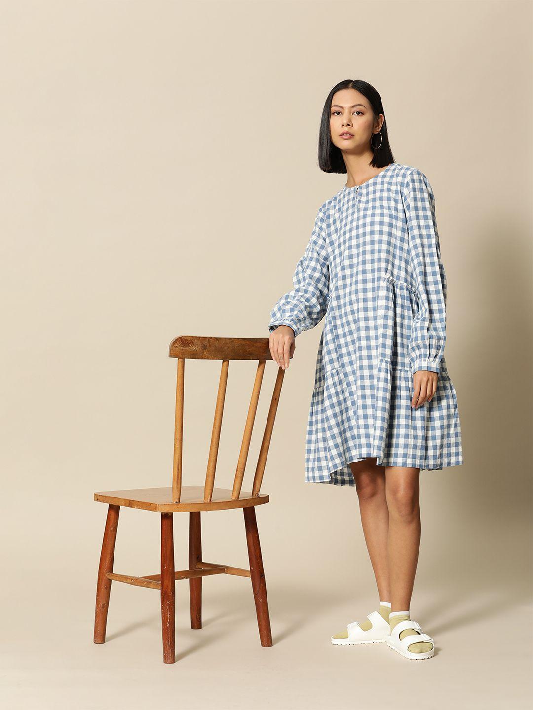 bower checked linen cotton a-line tiered dress