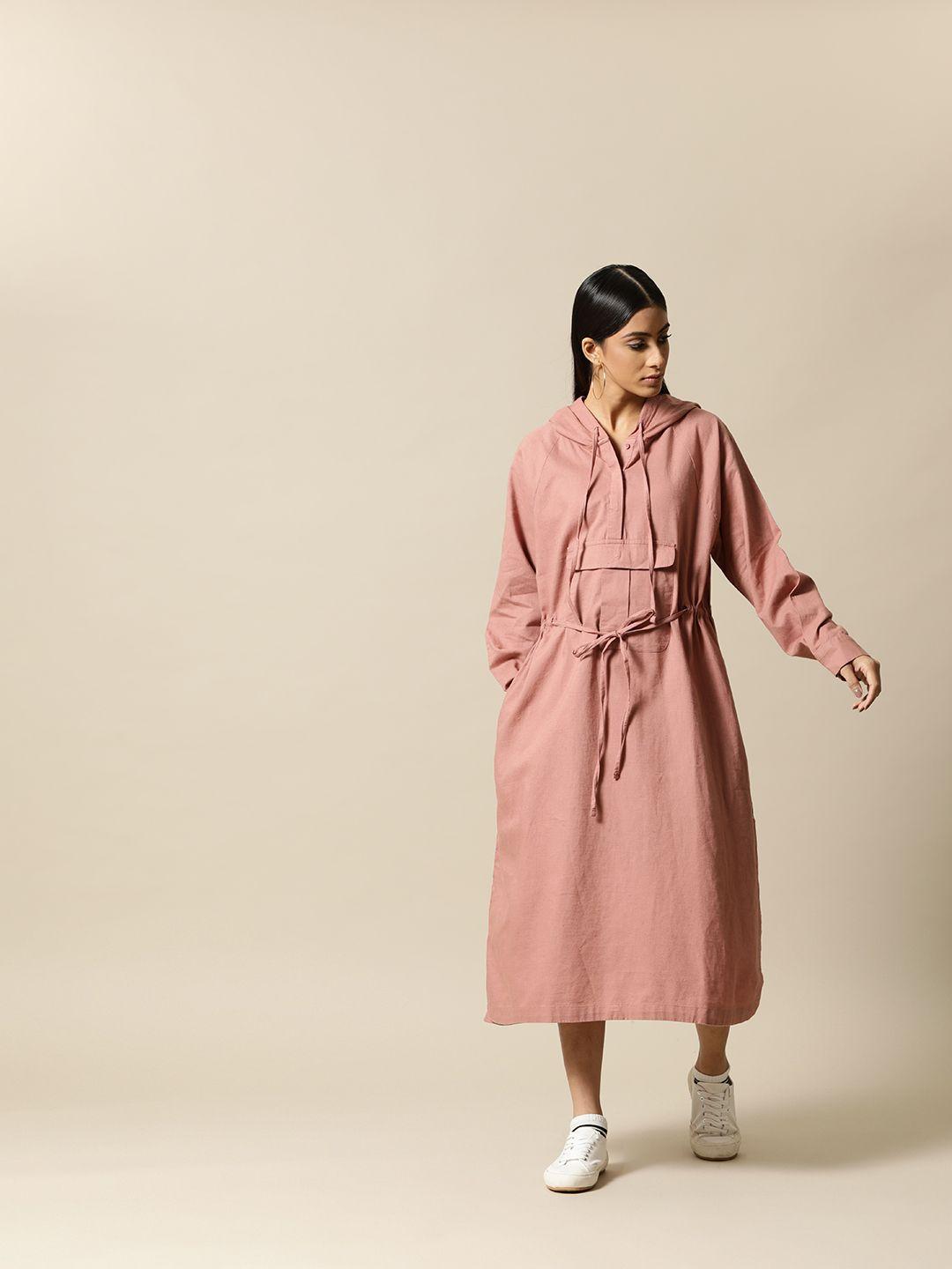 bower dusky pink solid cotton linen midi anorak dress with adjustable waist