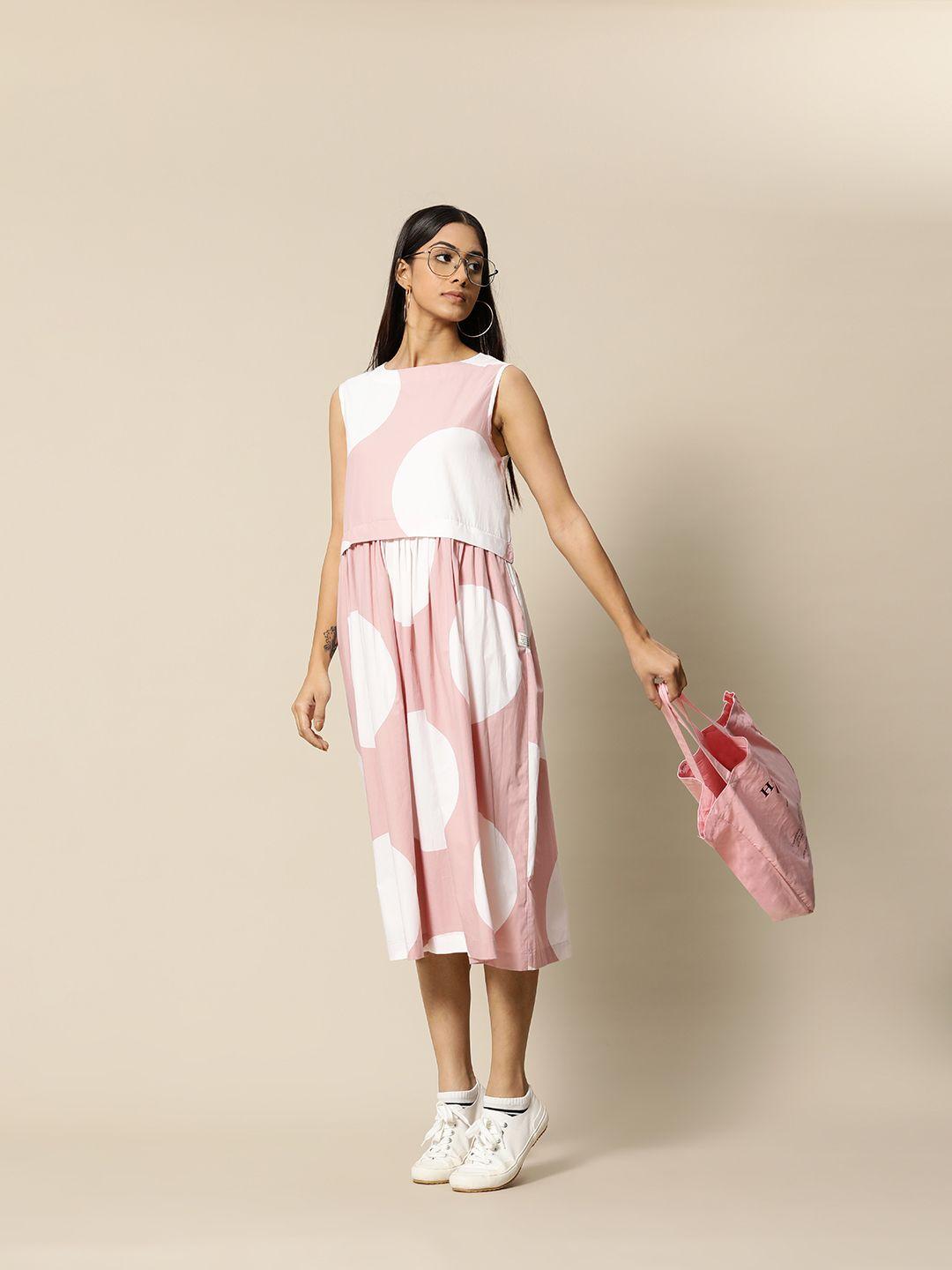 bower dusty pink & white pure cotton polka dots a-line midi dress with pockets