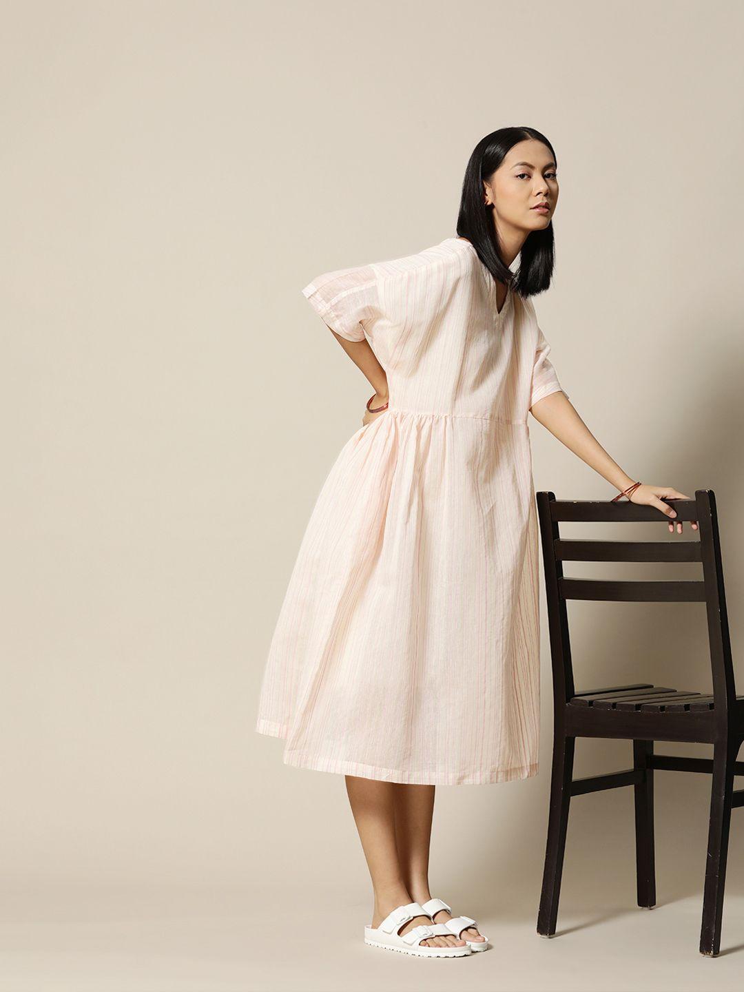 bower off white & pink striped cotton silk midi a-line dress