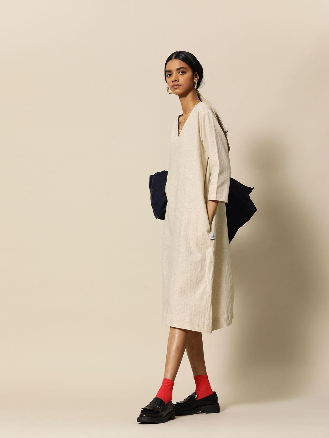 bower off white solid cotton linen a-line dress with pockets