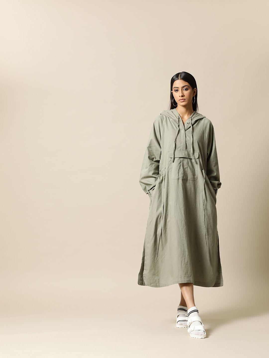 bower olive green solid cotton linen midi anorak dress with adjustable waist