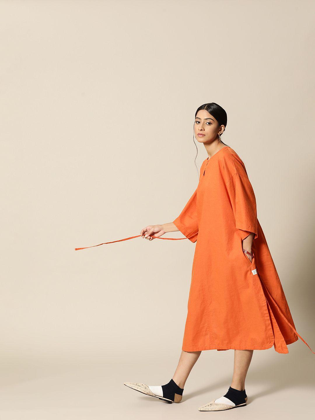 bower orange solid linen adjustable a-line midi dress