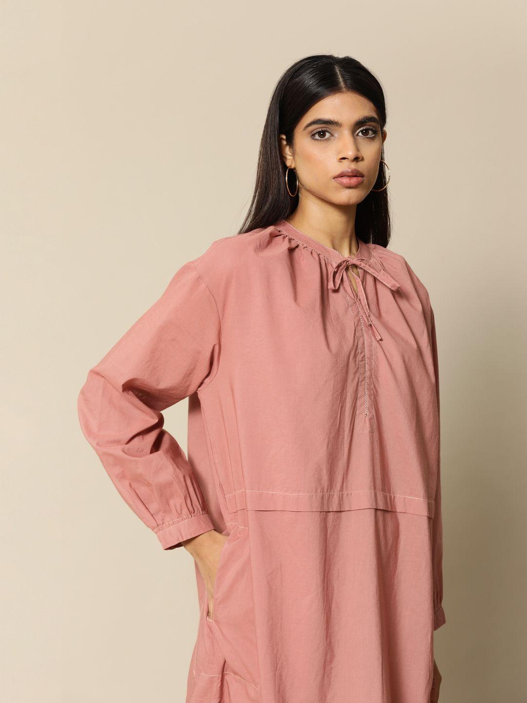 bower pink pure cotton tie-up neck a-line midi dress with stitch detail