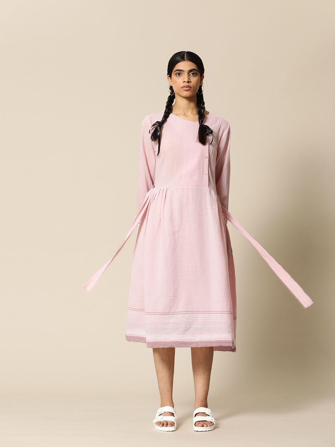 bower pink pure woven cotton striped detail a-line midi dress with belt
