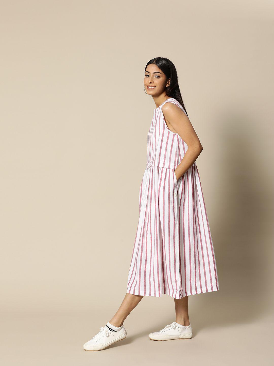 bower red & white pure cotton striped a-line midi dress