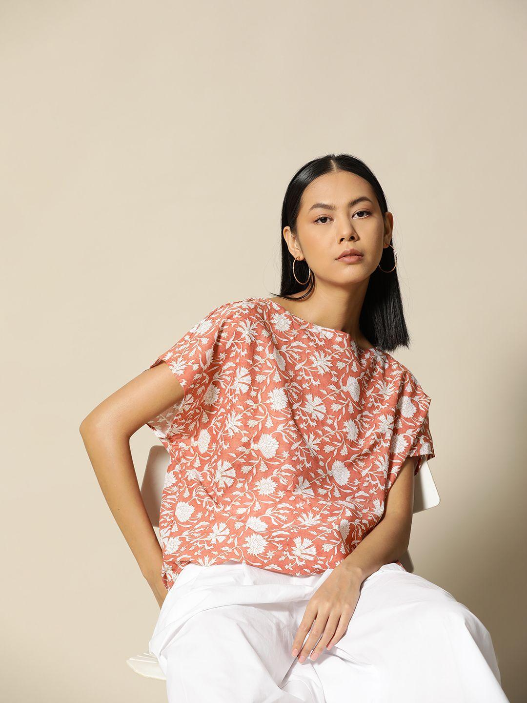 bower rust orange & white floral print cotton extended sleeves oversized top