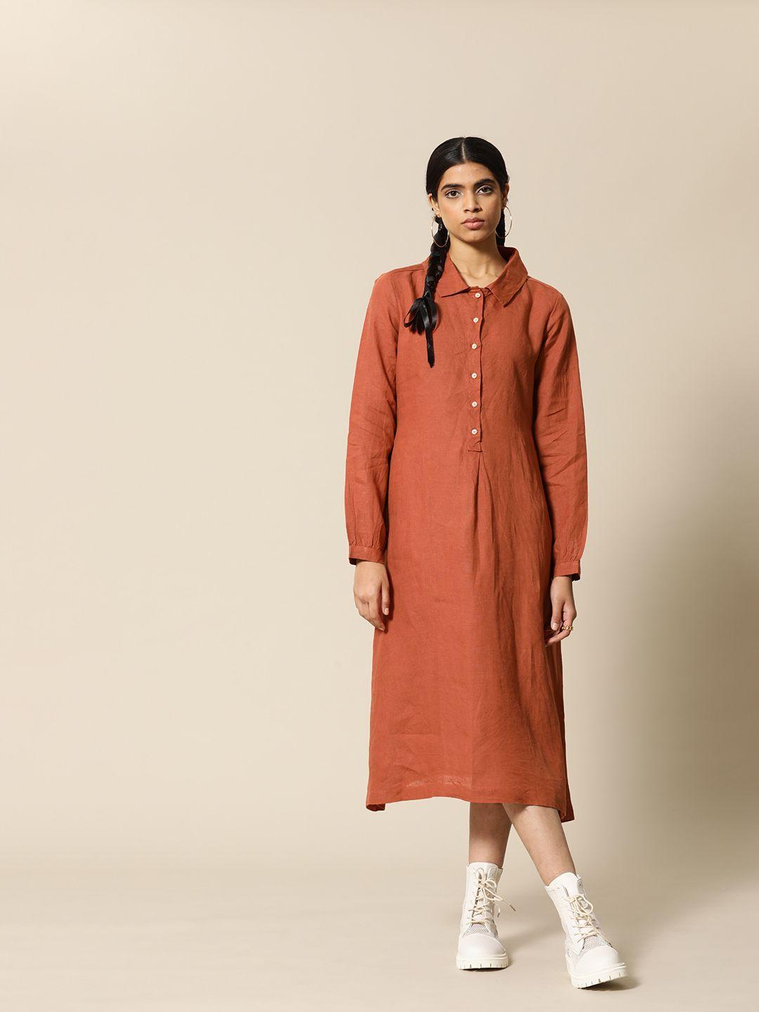 bower rust orange pure linen midi shirt dress with belt and pockets