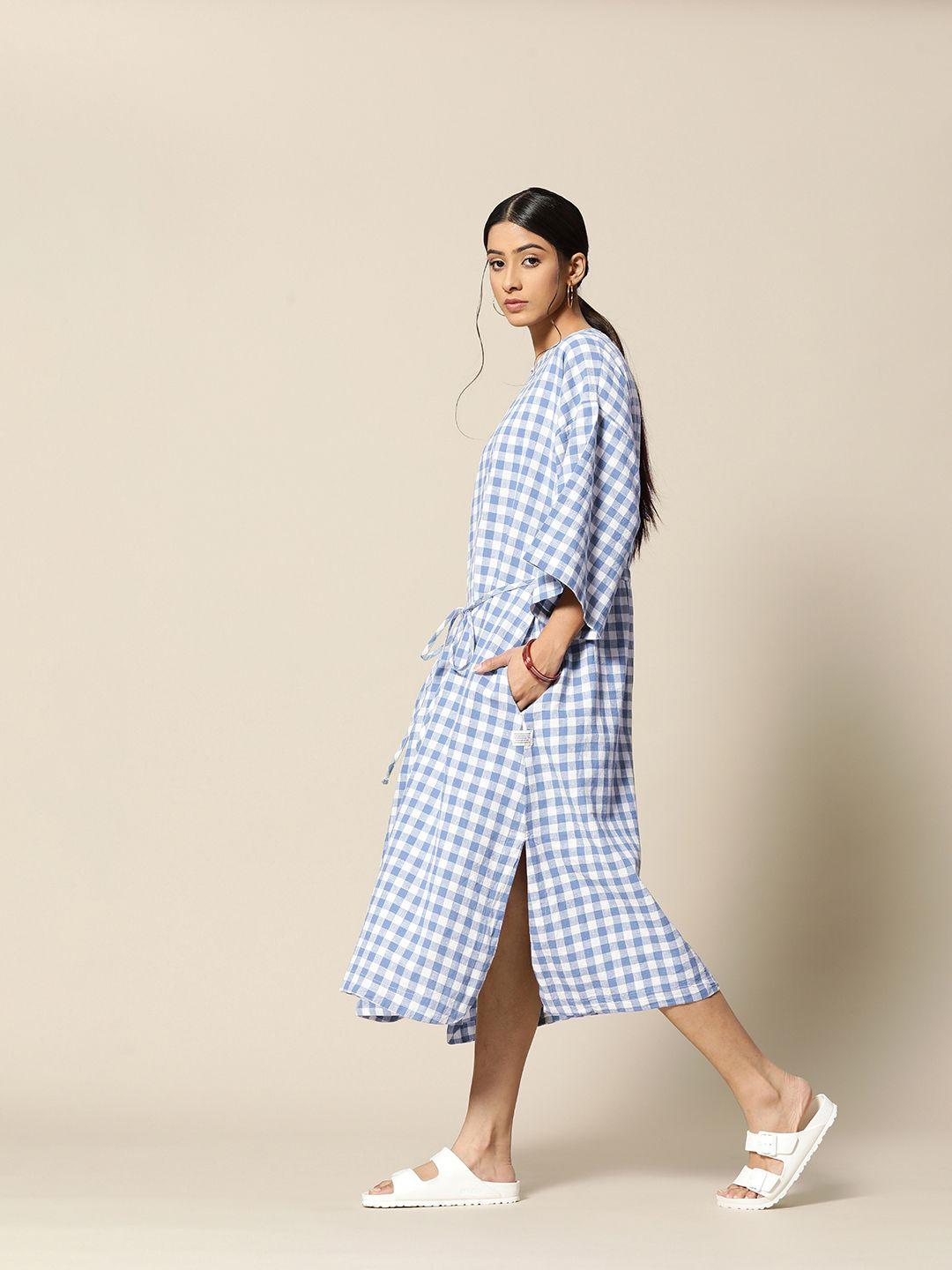 bower white & blue checked linen adjustable a-line midi dress