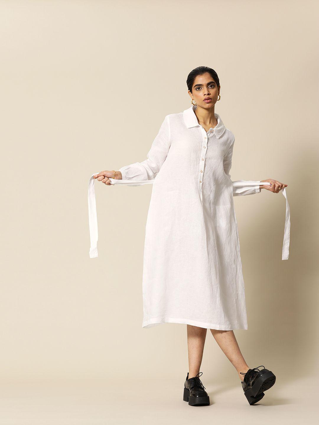 bower white pure linen midi shirt dress with belt and pockets