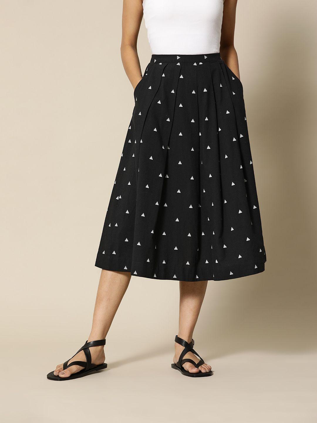bower women black & white dobby premium cotton elasticated pleated skirt with pockets